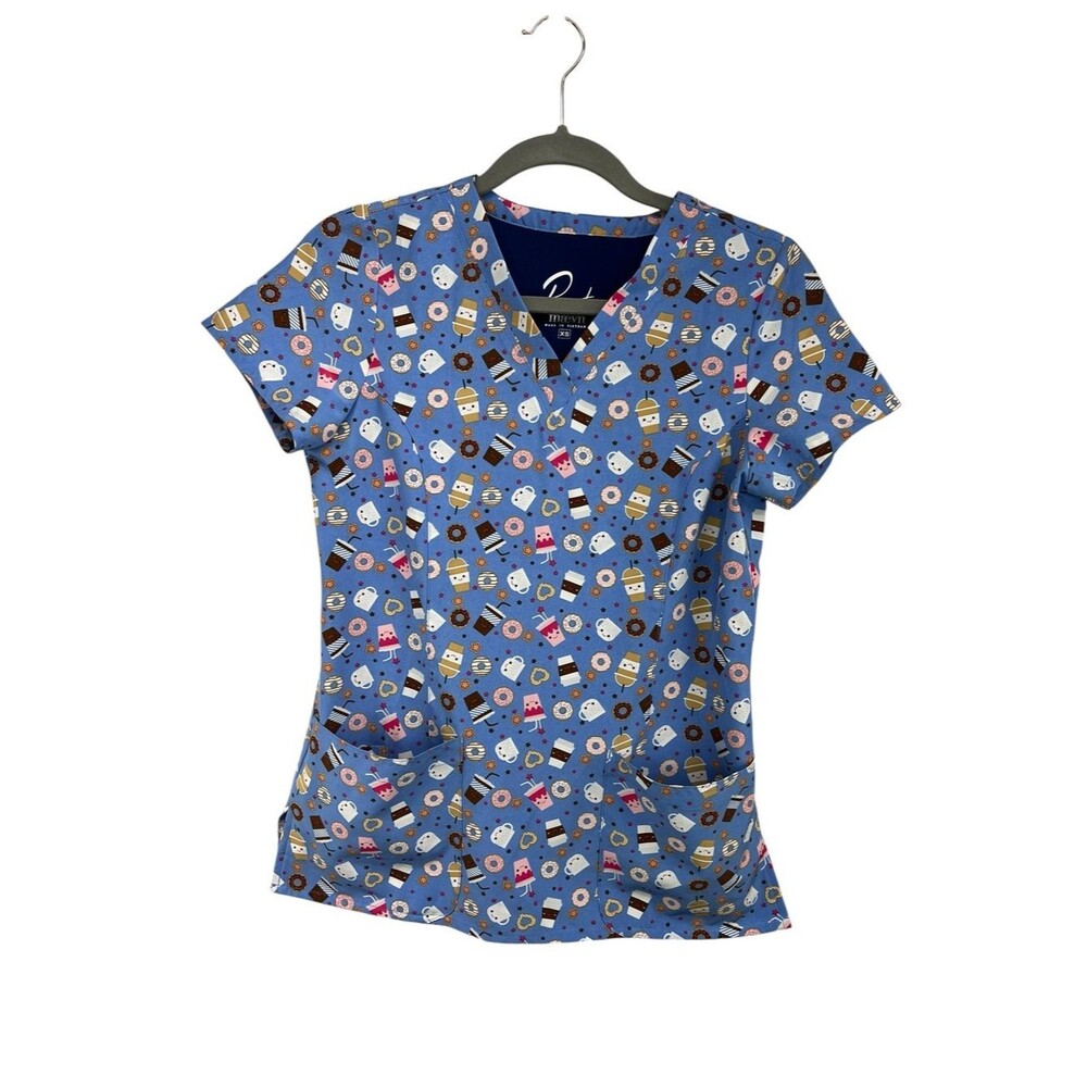 Maevn Prints V Neck Coffee and Donut Pattern Scrub Top Womens XS
